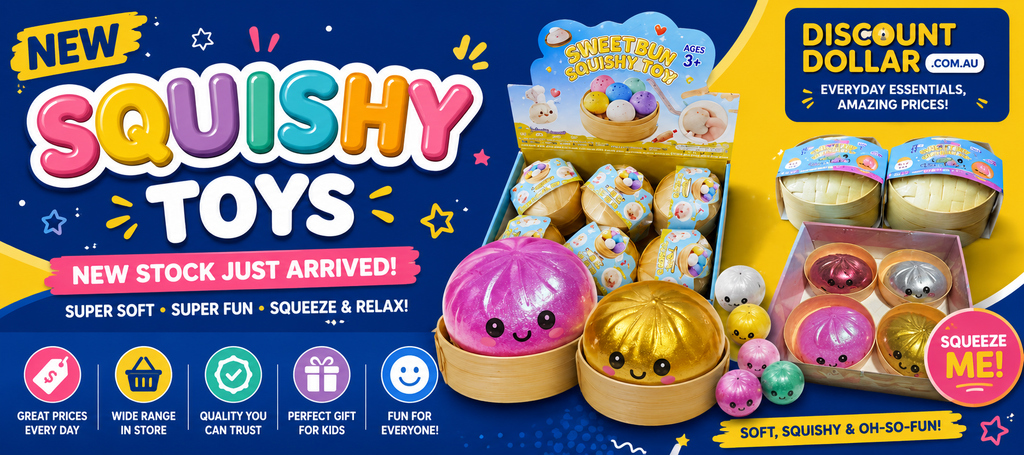 Colourful squishy toys including stress relief squeeze toys and sensory fidget toys available at Discount Dollar Australia.