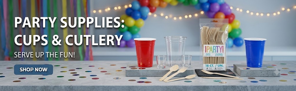 Party Cups and Cutlery Collection Featuring Disposable Cups, Plastic Cutlery and Party Dining Essentials