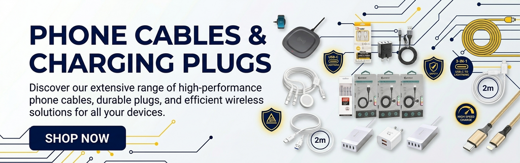 Phone Cables and Charging Plugs Collection Featuring USB-C Cables, Lightning Chargers and Mobile Charging Accessories