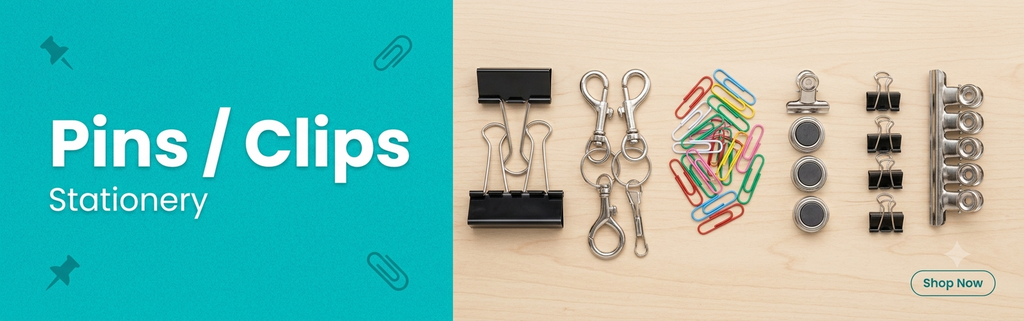 Pins and Clips Collection Featuring Paper Clips, Binder Clips, Push Pins and Office Organisation Supplies