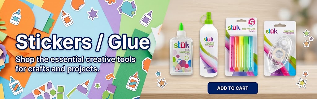 Stickers and Glue Collection Featuring Glue Sticks, Liquid Glue, Decorative Stickers and School Stationery