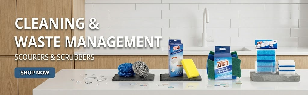 Scourers Collection Featuring Sponge Scourers, Stainless Steel Scrubbers and Kitchen Cleaning Pads