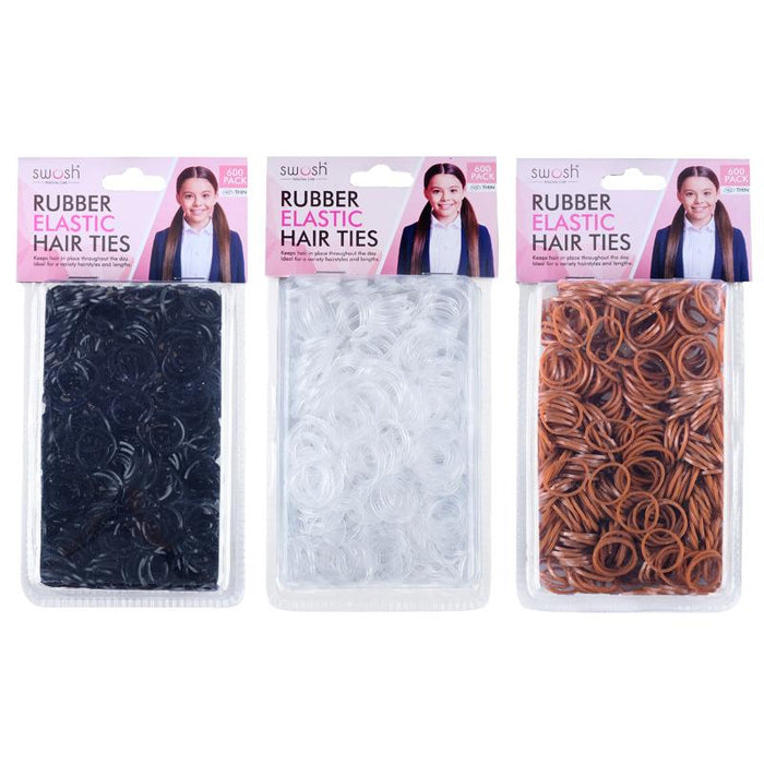 1 Pack Hair Elastic Small 600pk Assorted Colour Sets - Black, Brown, Clear - Rubber