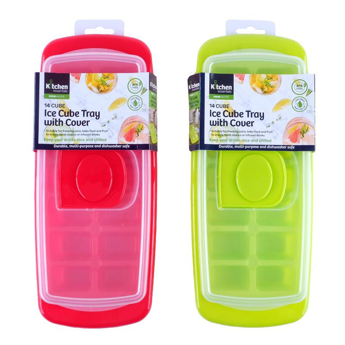 Ice Cube Mould Tray with Cover 14 Slots 29cm x 12cm x 3cm Red & Green Assorted in Carton