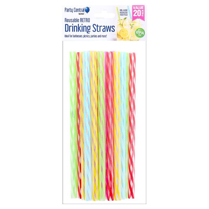 1pack Reusable Retro Stripe Straws 20 Pcs 20cm Assorted Colours