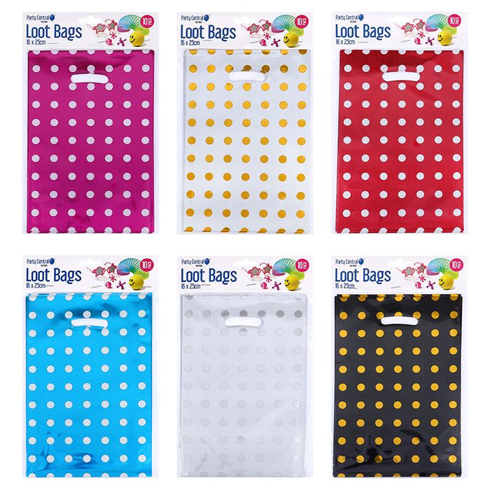 1 pack Loot Bags Foil Polka Dot 16cm x 25cm, 6 Assorted Colours 10pc