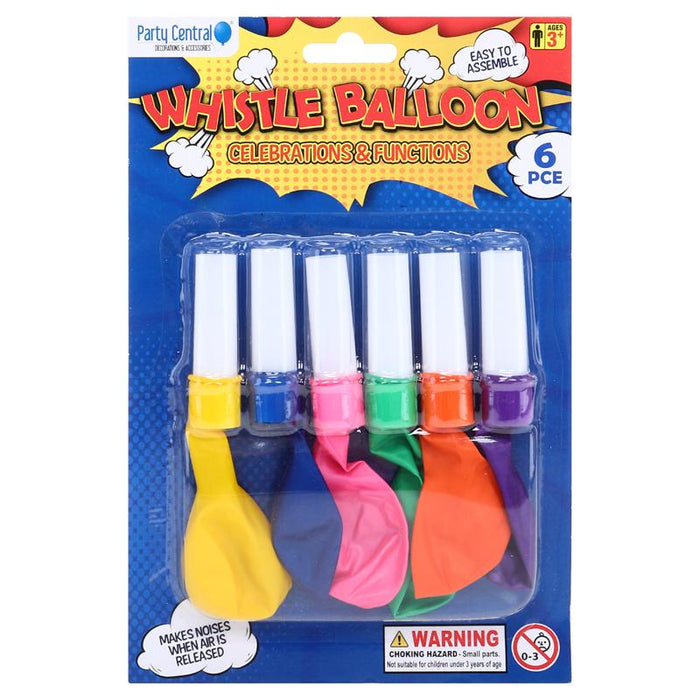 Whistle Balloons Assorted Colours 6pk