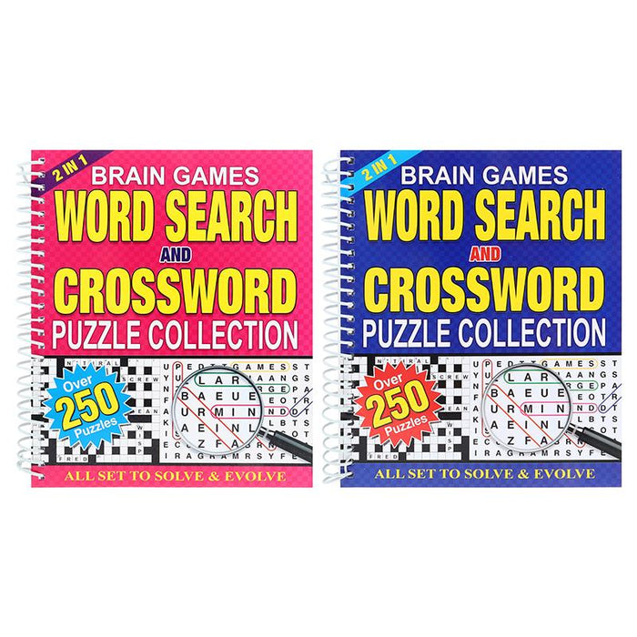 1pc Book Puzzle 2-In-1 Wordsearch & Crossword Spiral 2 Assorted Designs 192 Page, Over 250 Puzzles