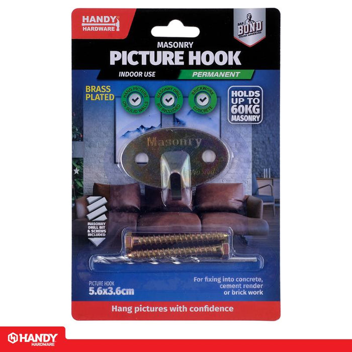 Hook Picture Brass Plated 1pc Includes 2 Nails & Masonry Drill Bit (Holds up to 60kg Masonry)