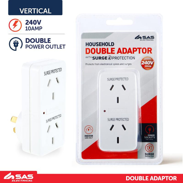 Adaptor Double With Surge Protection (Vertical) White 240V 10A Max Load 2400W