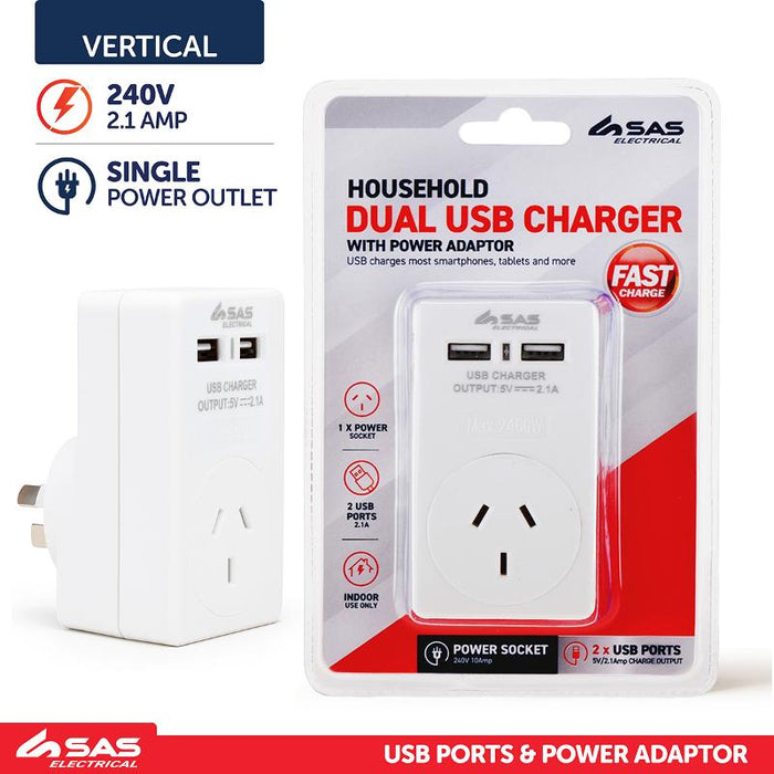 Adaptor With Dual USB Ports White 240V 10A Max Load 2400W USB Output 5V 2.1A