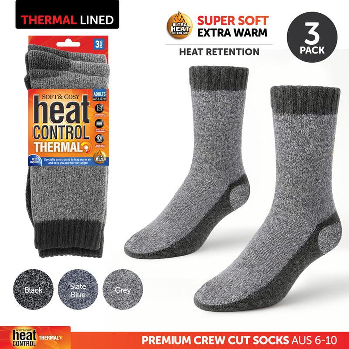 Socks Adults Workwear Bamboo Brushed Lining Crew Cut Black, Grey & Navy 3pk