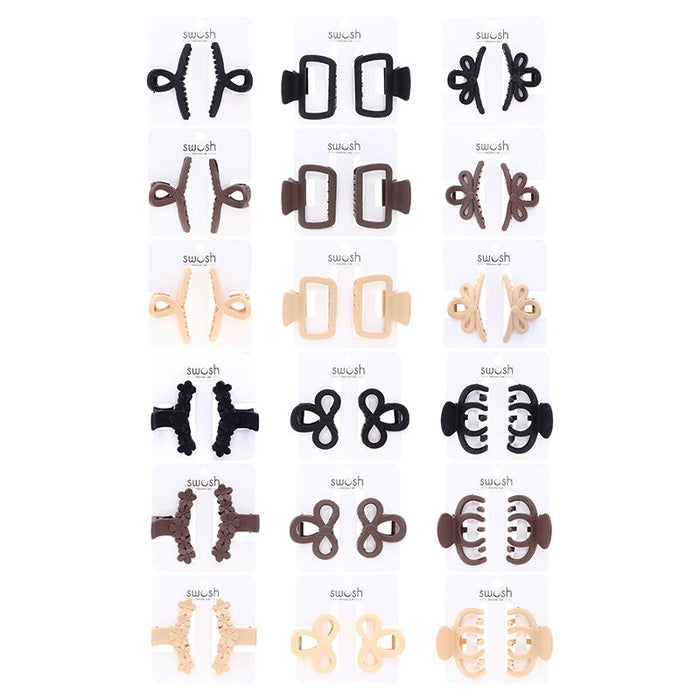 1pc Hair Claw Clips 2pk Matte Finish, Black, Brown & Latte Colour, 6 Assorted Designs 7cm