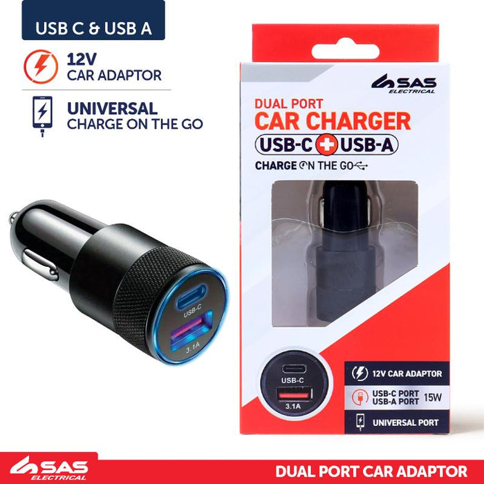 Charger Dual Port Car Adaptor USB-A & USB-C With Light Up Function Black