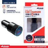 Charger Dual Port Car Adaptor USB-A & USB-C With Light Up Function Black