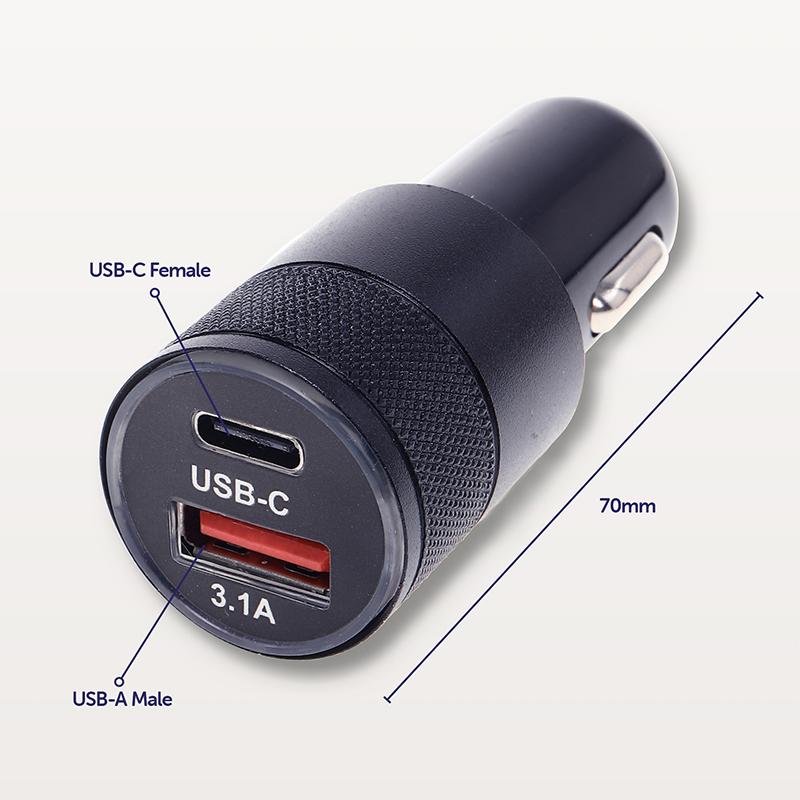 Charger Dual Port Car Adaptor USB-A & USB-C With Light Up Function Black