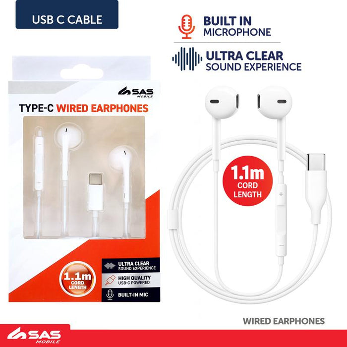 Cord Headphones Wired USB-C Powered 114cm Total Length White Suitable For iPhone & Android Devices