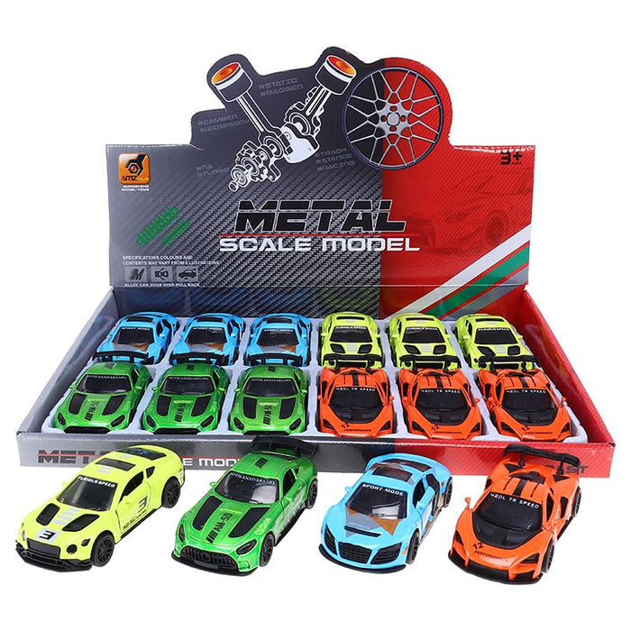 1pce Diecast Pull Back Sports Car- 4 Assorted Colours, Blue, Green, Yellow, Orange