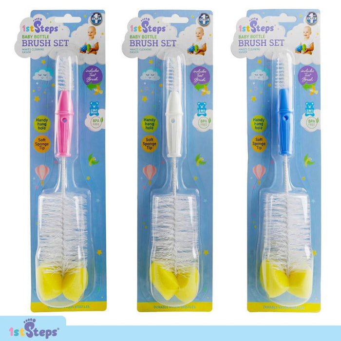 1pc Baby Bottle & Teat Brush 2 in1 26cm x 5.5cm Pink, Blue & White