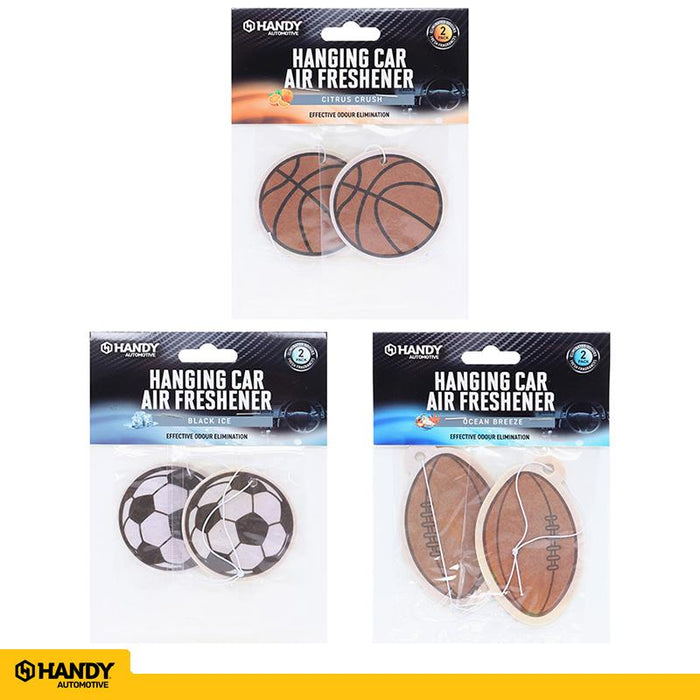 Air Fresheners Hanging Sport Designs 2pK, 3 Assorted Designs/ Scents (Football- Ocean Breeze, Soccer Ball- Black Ice & Basketball- Citrus Crush)