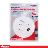 Extension Lead Reel with 3 Outputs & Surge Protection 150mm Diameter White 3m Cord Length 240V 10A Max Load 2400W