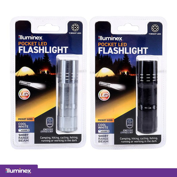 Flashlight Battery Operated 9 LED Red, Black, Blue & Silver Assorted 8.3cm x 2.5cm (Requires 3 x AAA Batteries, Not Included)
