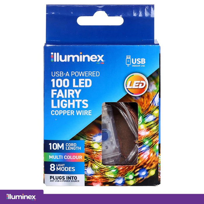 Illuminex Fairy Lights USB Operated 100 LED 10m Multi Colour 8 Functions Copper Wire