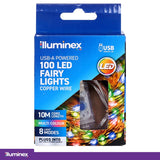 Illuminex Fairy Lights USB Operated 100 LED 10m Multi Colour 8 Functions Copper Wire