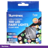 Illuminex Fairy Lights USB Operated 100 LED 10m Multi Colour 8 Functions Clear Wire