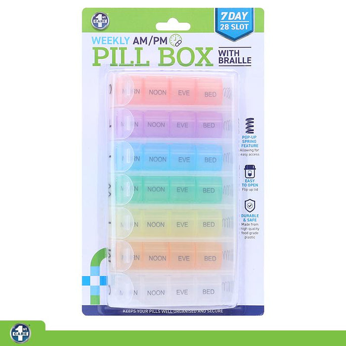 Pill Box Spring Loaded 7 Day Organiser with 28 Slots including Braille
