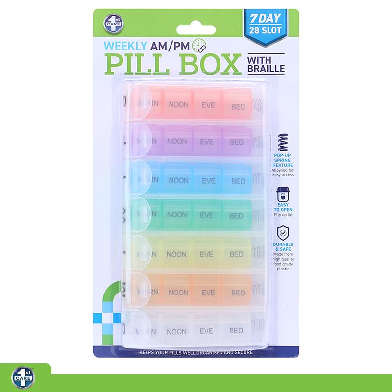 Pill Box Spring Loaded 7 Day Organiser with 28 Slots including Braille
