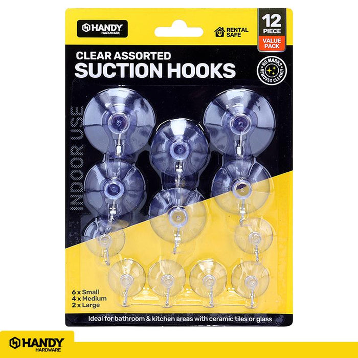 Hooks Suction Cups Clear Assorted Sizes 12pk (Holds 200g to 1kg)