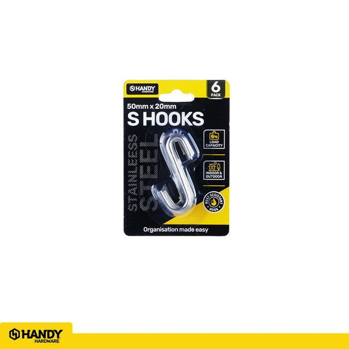S Hook Stainless Steel XXS 50mm x 20mm x 3mm 6pk