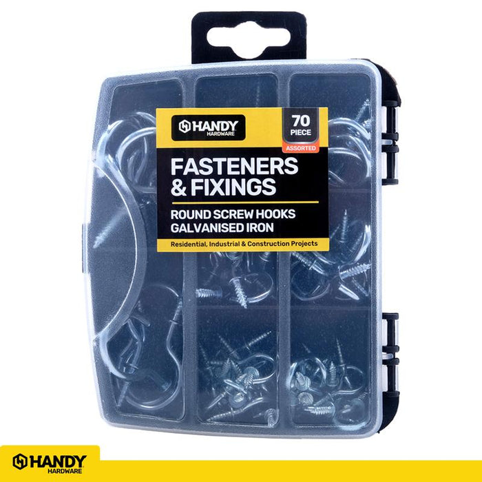 Fasteners & Fixings in Storage Case Round Screw Hooks Galvanised Iron Assorted Sizes 70pc