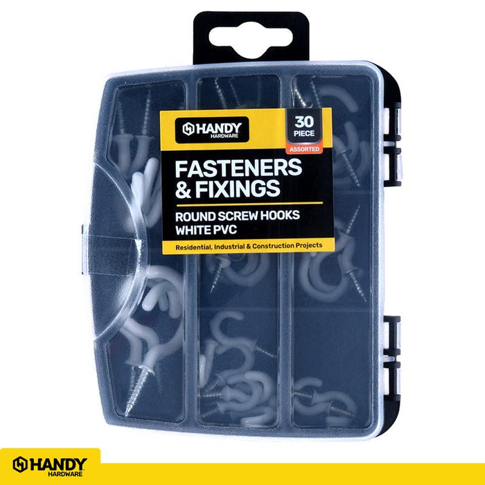 Fasteners & Fixings in Storage Case Round Screw Hooks White PVC Assorted Sizes 30pc
