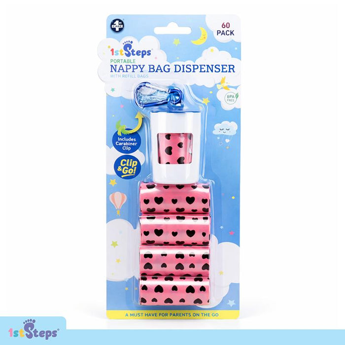 Nappy Bag Dispenser With Carabiner Hook 5pc Includes: 60 Non-Scented Bags (4xRolls - 15 Bags 13.5cm x 31cm)