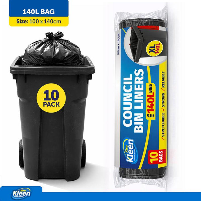 Garbage Bags XL Council Bin Liners 140L - 10pk - 100cm x 140cm - Black