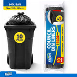Garbage Bags XL Council Bin Liners 140L - 10pk - 100cm x 140cm - Black