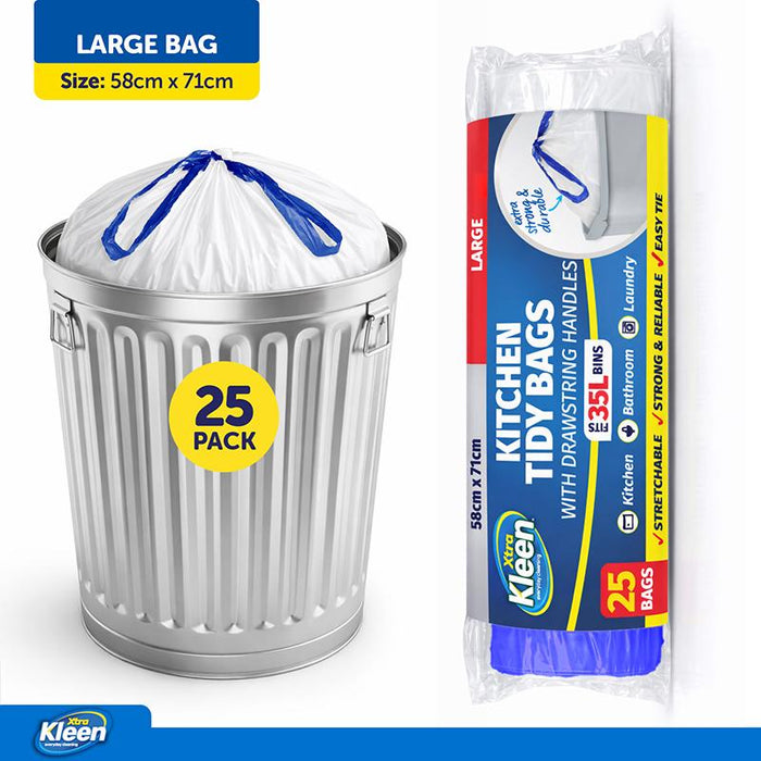 Garbage Bags Kitchen Tidy with Drawstring 35L - 25pk - 58cm x 71cm - White