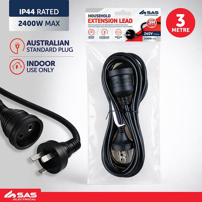 Extension Lead 3 Metre Black 240V 10A Max Load 2400W