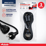 Extension Lead 3 Metre Black 240V 10A Max Load 2400W