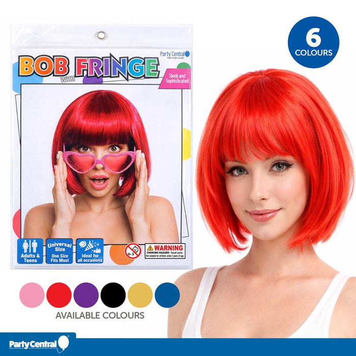 Wig Bob With Fringe Adults Red, Purple, Black, Pink, Blue, Blonde