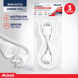 Extension Lead 3 Metre White 240V 10A Max Load 2400W
