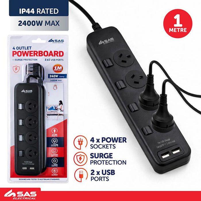 Power Board 4 Outlets with Individual Switch & Surge Protection & 2 USB Ports 1 Metre Cord Black 240V 10A Max Load 2400W USB Output 5V 2.1A