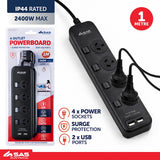 Power Board 4 Outlets with Individual Switch & Surge Protection & 2 USB Ports 1 Metre Cord Black 240V 10A Max Load 2400W USB Output 5V 2.1A