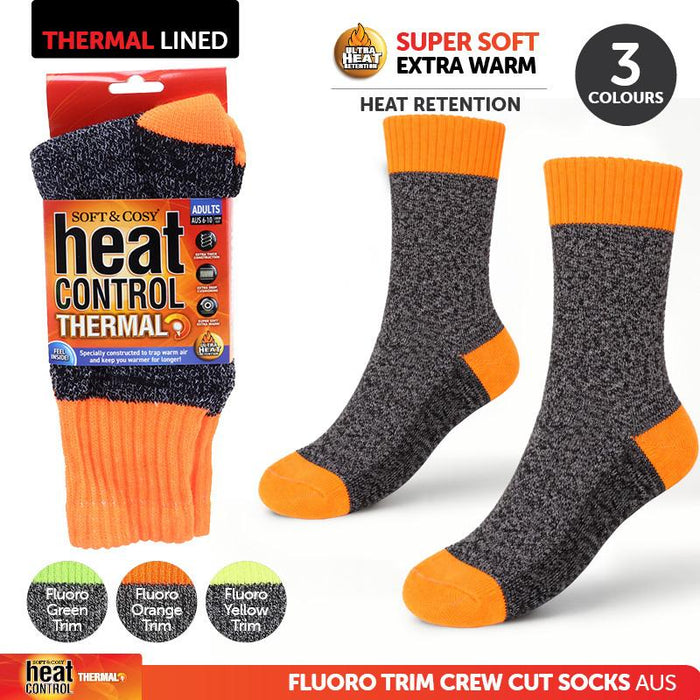 1pack Socks Mens Heat Control Thermal Crew Cut 3 Asst Colours, Fluoro Trim (Green, Yellow & Orange)