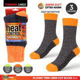 1pack Socks Mens Heat Control Thermal Crew Cut 3 Asst Colours, Fluoro Trim (Green, Yellow & Orange)