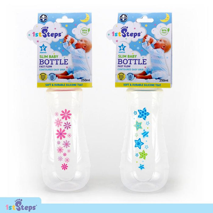 1pc Baby Bottle Narrow Neck Side Grip 250ml 6mths+ Fast Flow Silicone Teat Pink & Blue BPA Free