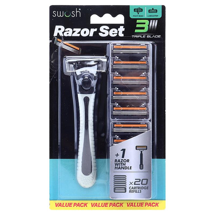 Razor Men's Set - Triple Blade with Lubricating Strip - Pack Includes: 1 x Razor with Handle & 20 x Refill Cartridges