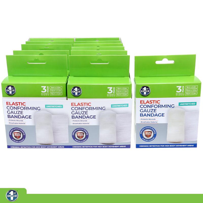 Conforming Gauze Bandages Non-Adhesive 3pk - Sizes: 5cm x 2.2m, 7.5cm x 2.2m, 10cm x 2.2m (4.5m Stretched)
